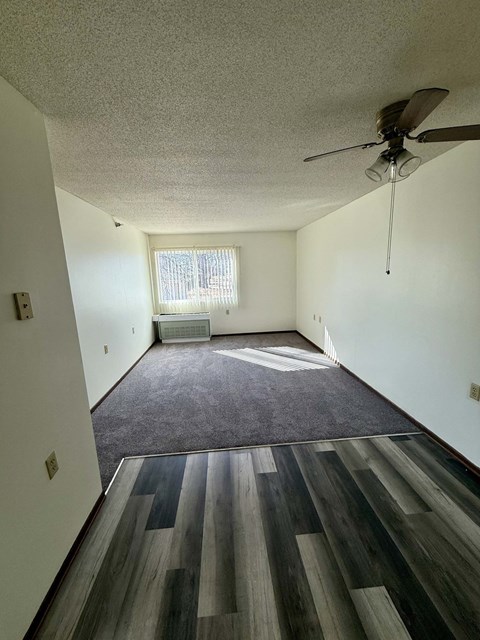 A room with a ceiling fan and a window.