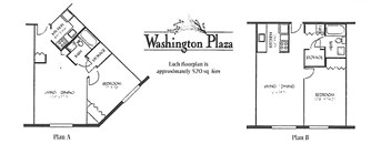 Two floor plans for a building named Washington Plaza are shown, with each floorplan being approximately 520 sq ft.