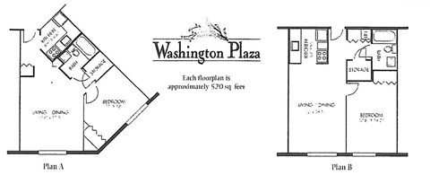 Two floor plans for a building named Washington Plaza are shown, with each floorplan being approximately 520 sq ft.