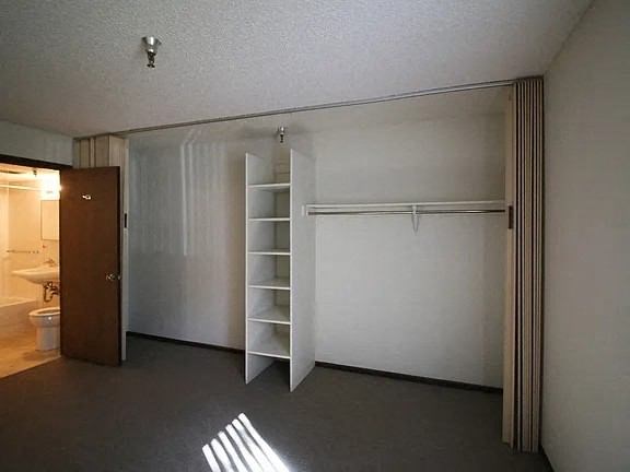 A white room with a brown door and a white shelving unit.