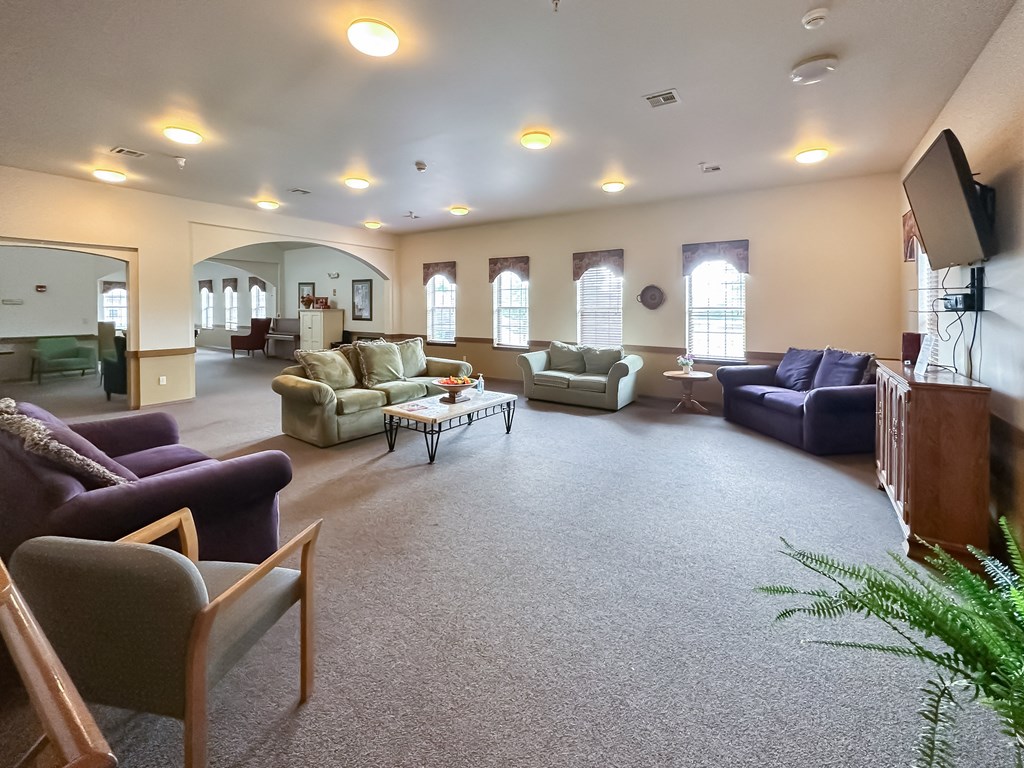 a large living room with couches and chairs and a television