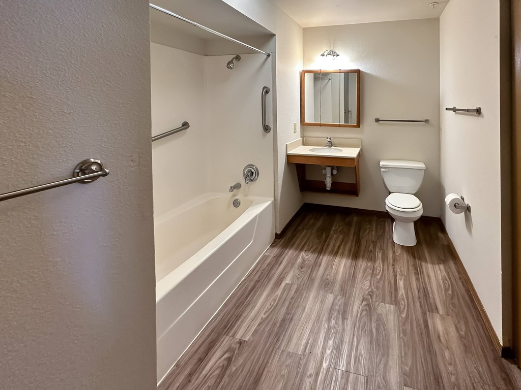 a bathroom with a toilet and a tub and a sink