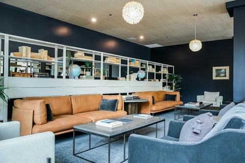 A modern living room with a brown sofa and a grey armchair.