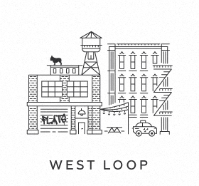 an illustration of west loop with buildings and a water tower