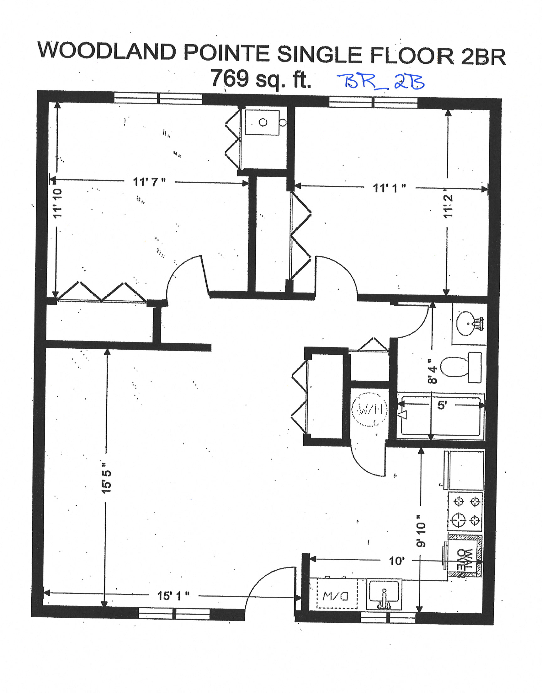 2 Bedroom 1 Bath Standard 806 Sq. Ft Floor Plan at Woodland Pointe Apartments and Townhomes, Integrity Realty, Kent, OH, 44240