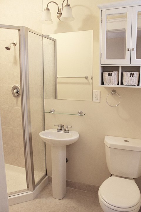 Renovated Bath with shower at Integrity Cleveland Heights Apartments, Cleveland Heights