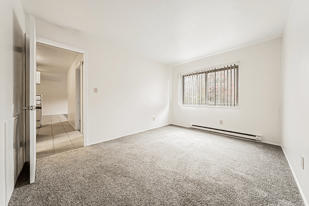 A room with a carpeted floor and a window with bars.