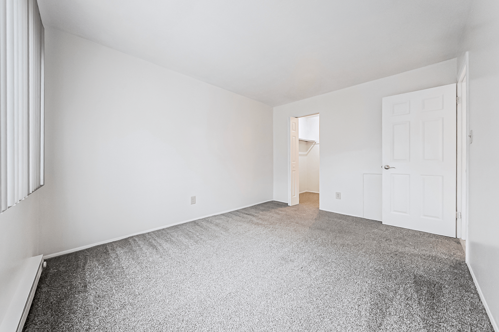 A room with a grey carpet and white walls.