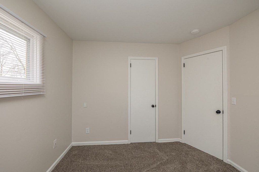 Downstairs office space with new carpeting and a closet.