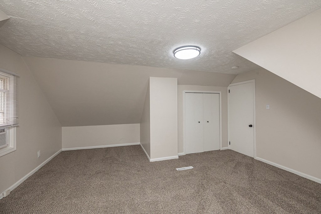 Upstairs bedroom with carpeted floor, double closet, and a ceiling light.