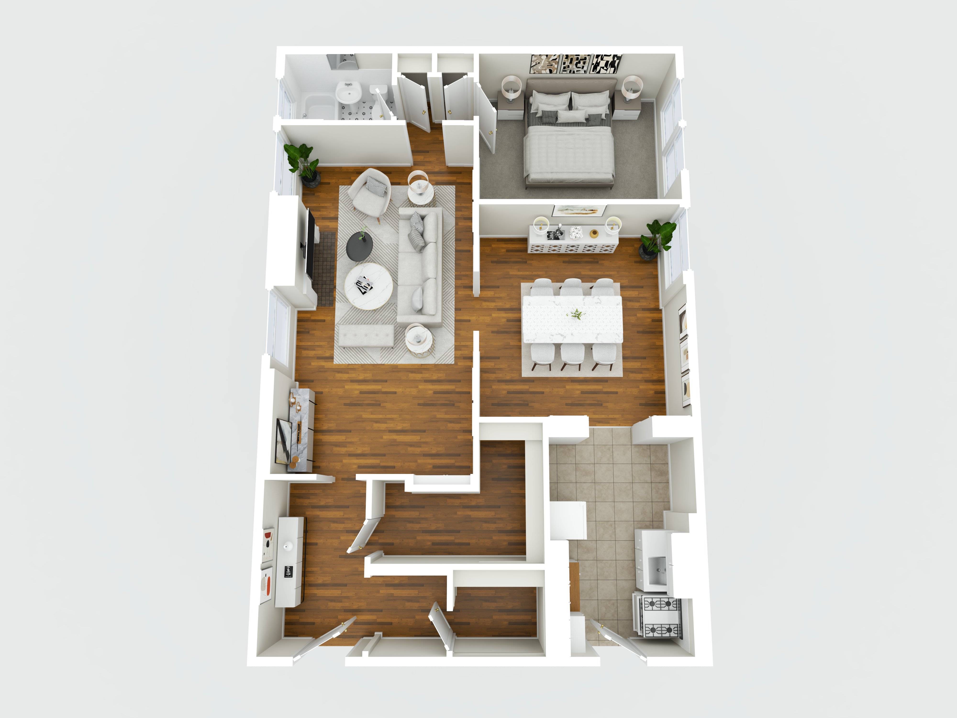 A top-down view of a small apartment with a kitchen, living room, and bedroom.