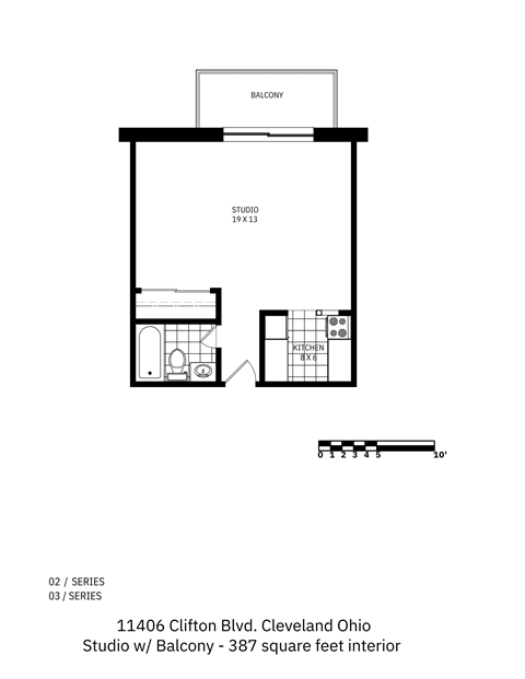 Studio type C floor plan with a living area, kitchen and balcony