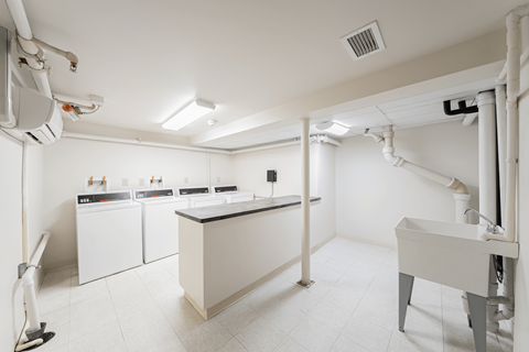 Ace community laundry room with a central counter and laundry sink.