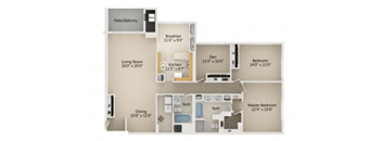3 Bedroom 2 Bath 1,825 Sq. Ft. Type B floor plan at Atrium in The Village, Beachwood, OH
