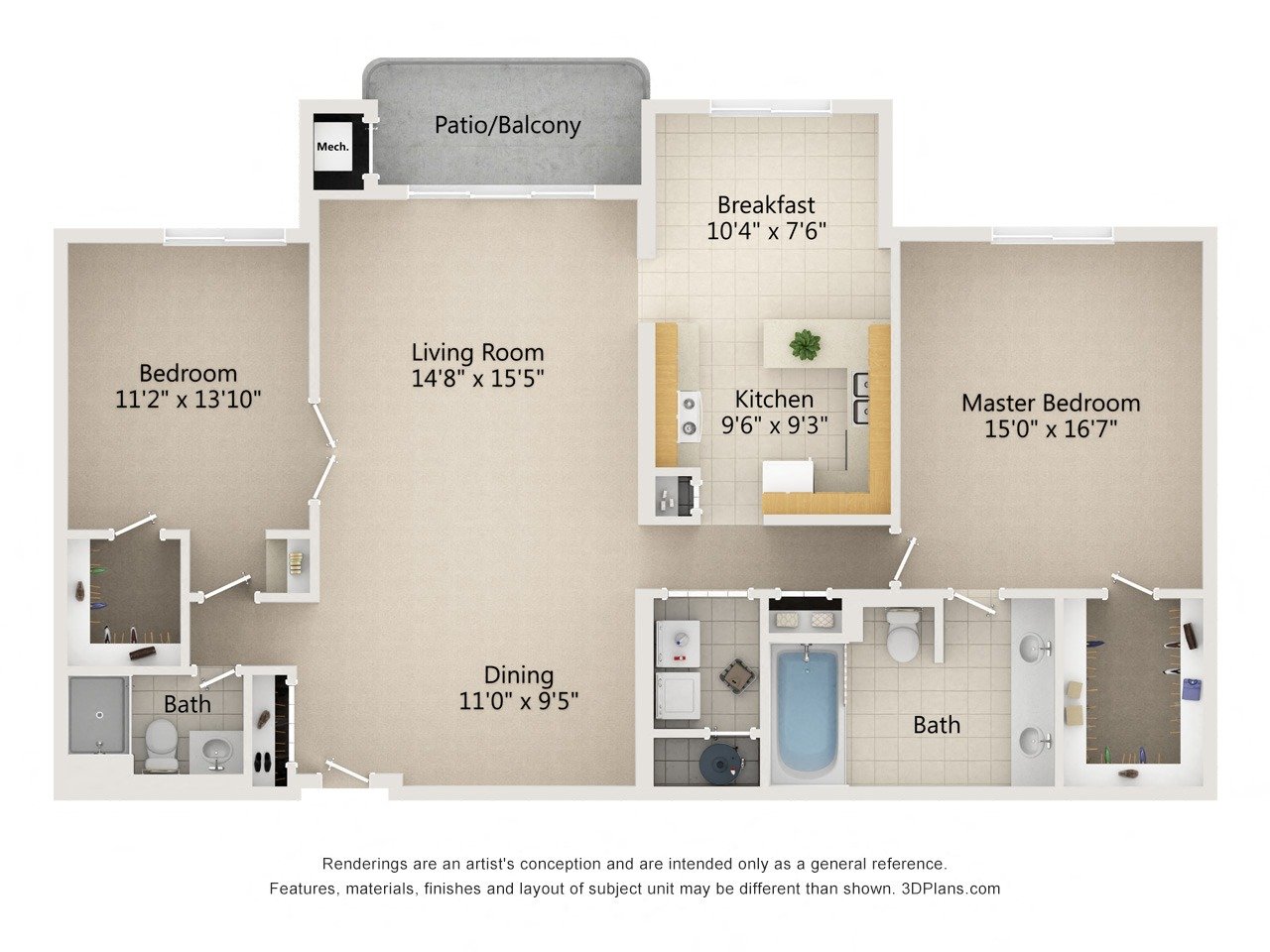 2 Bedroom 2 Bath 1,580-to1,625 Sq. Ft. Type A & B Floor Plan at Atrium in The Village, Beachwood, OH