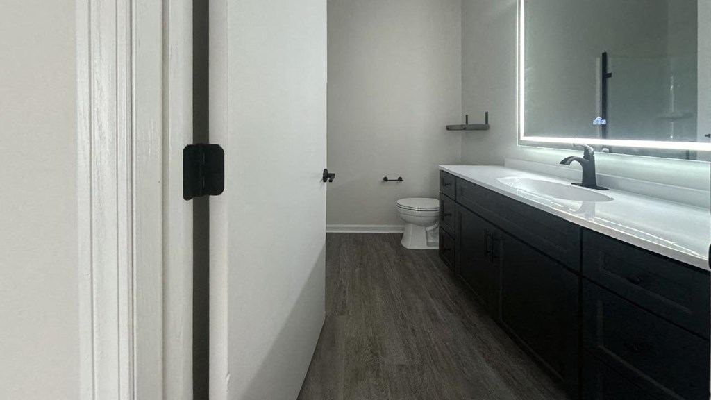 a bathroom with a toilet sink and mirror