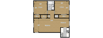 2 Bedroom - 1 Bath 750 - 846 Sq. Ft Colonial Floor Plan at Ryan Place Apartments, Integrity Realty, Kent, Ohio
