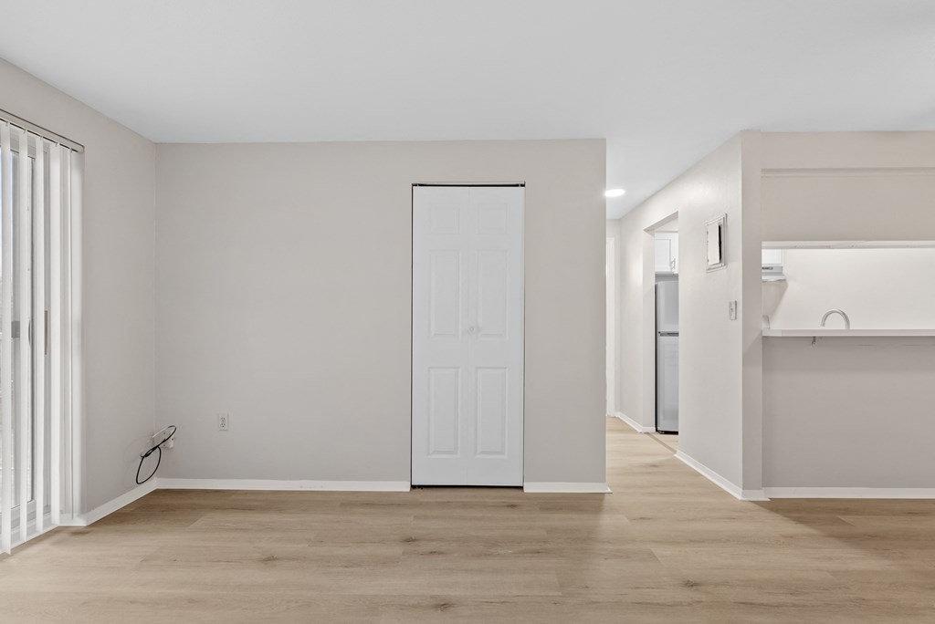 Living area with closet and hallway to right.