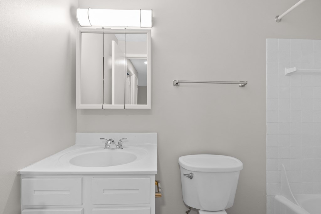 White counter and toilet in bathroom.
