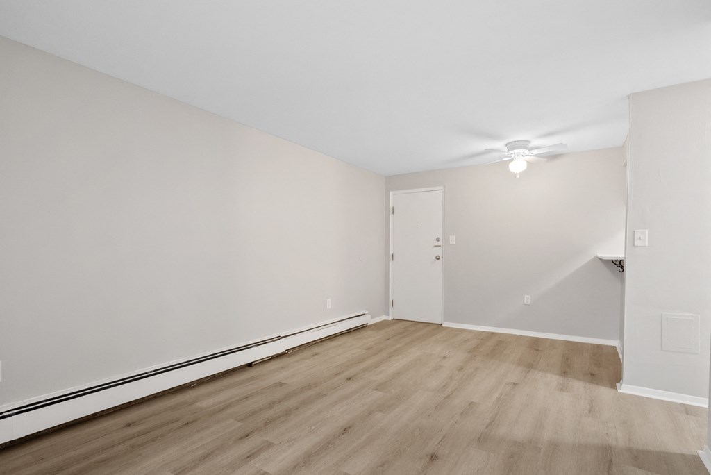 A room with a wooden floor and a white door.
