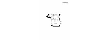 A black and white floor plan of a studio apartment in Guernsey.