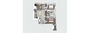 A floor plan of a house with a kitchen, living room, and bathroom.