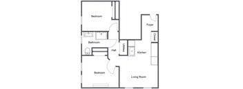 A floor plan of a living space with a bedroom, bathroom, kitchen, and foyer.