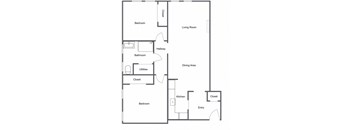 a floor plan of a 2 bedroom 1 bath apartment with an L shaped kitchen