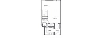 A floor plan of a junior 1 Bedroom apartment with a bedroom, living room, kitchen, bathroom, closet, and foyer.