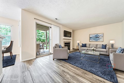 A living room with a blue rug and a grey couch.