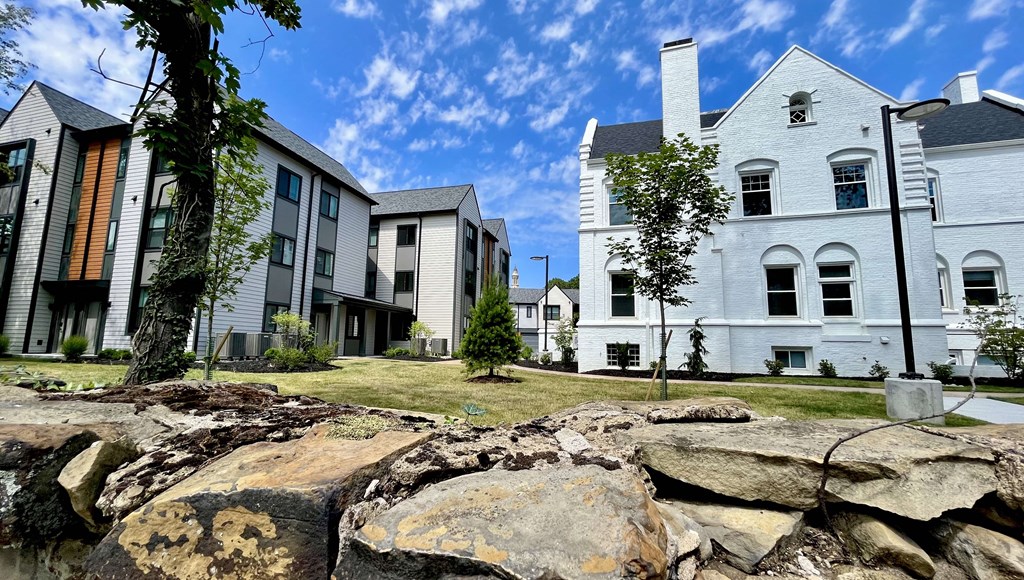 Exterior of Buildings with puffy clouds RESERVE OVERLOOK APARTMENTS at Reserve Overlook Apartments, Integrity Realty, Cleveland Heights, Ohio, 44106