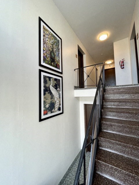a staircase with a railing and two paintings on the wall