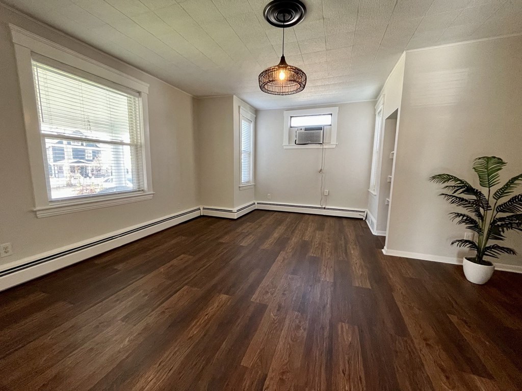 an empty living room with a potted plant and a window