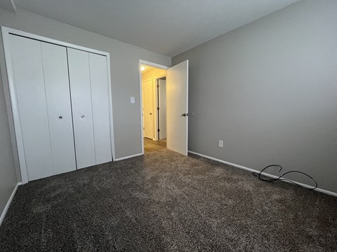 bedroom with two closets and a carpeted floor