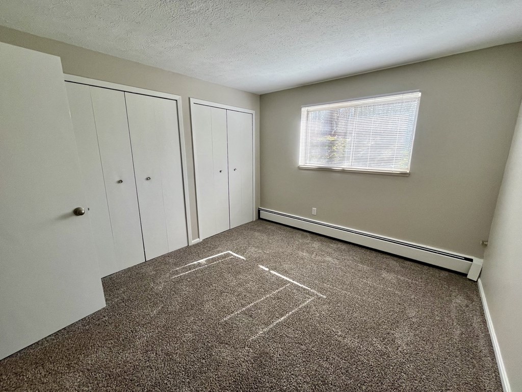 an empty room with carpet and a window and closets
