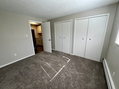 1 bedroom with carpet and white closets