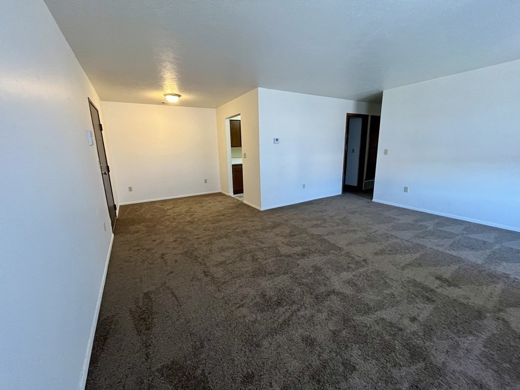 an empty living room with carpet and white walls