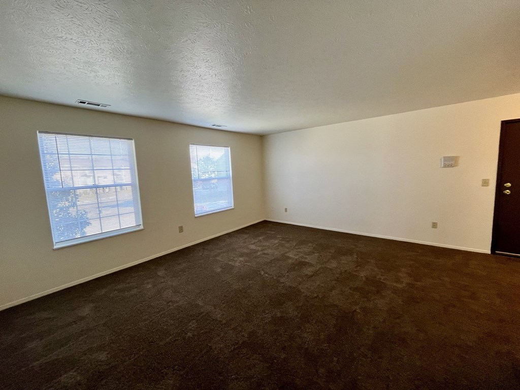 the living room of an empty house with carpet and two windows