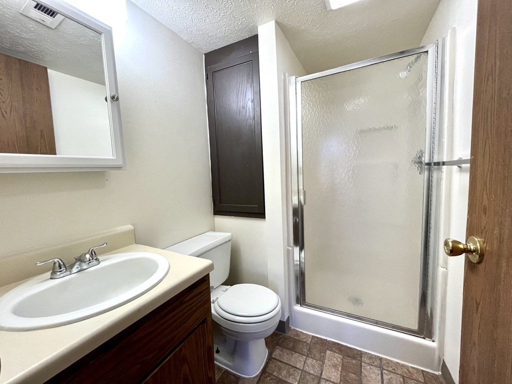a bathroom with a shower toilet and sink