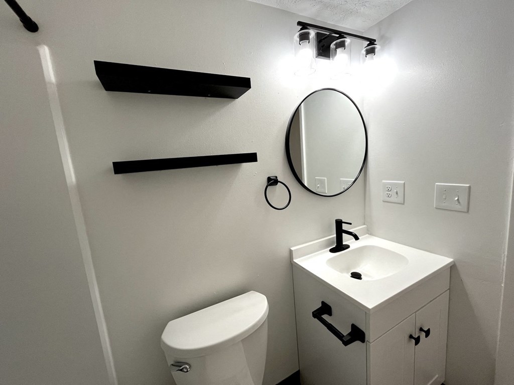 a bathroom with a sink and a toilet and a mirror at Renova of Brunswick, Ohio 