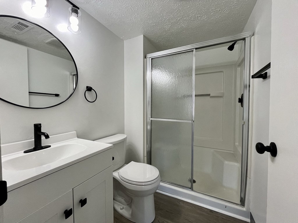a bathroom with a shower and a sink and a toilet at Renova of Brunswick, Ohio, 44212