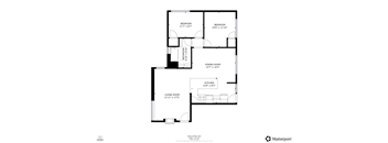 A floor plan of an apartment with a living room, kitchen, dining room and two bedrooms.