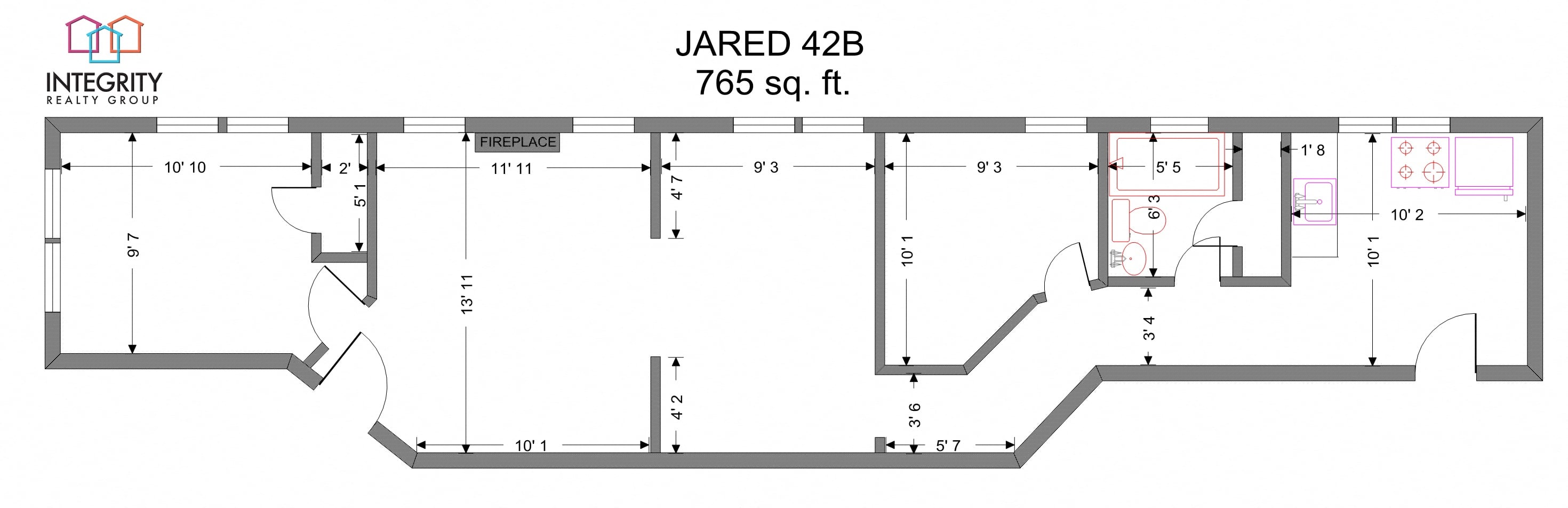 A floor plan for a2 Bedroom 1 Bath apartment