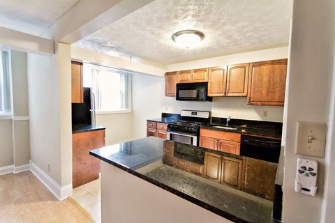 a kitchen with wooden cabinets and black counter tops