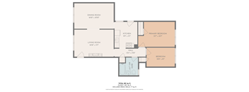 A floor plan of an apartment with a living room, dining room, kitchen, and two bedrooms.