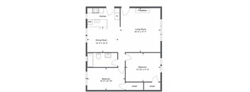 a floor plan of an apartment with two bedrooms and one bathrooms and a living room