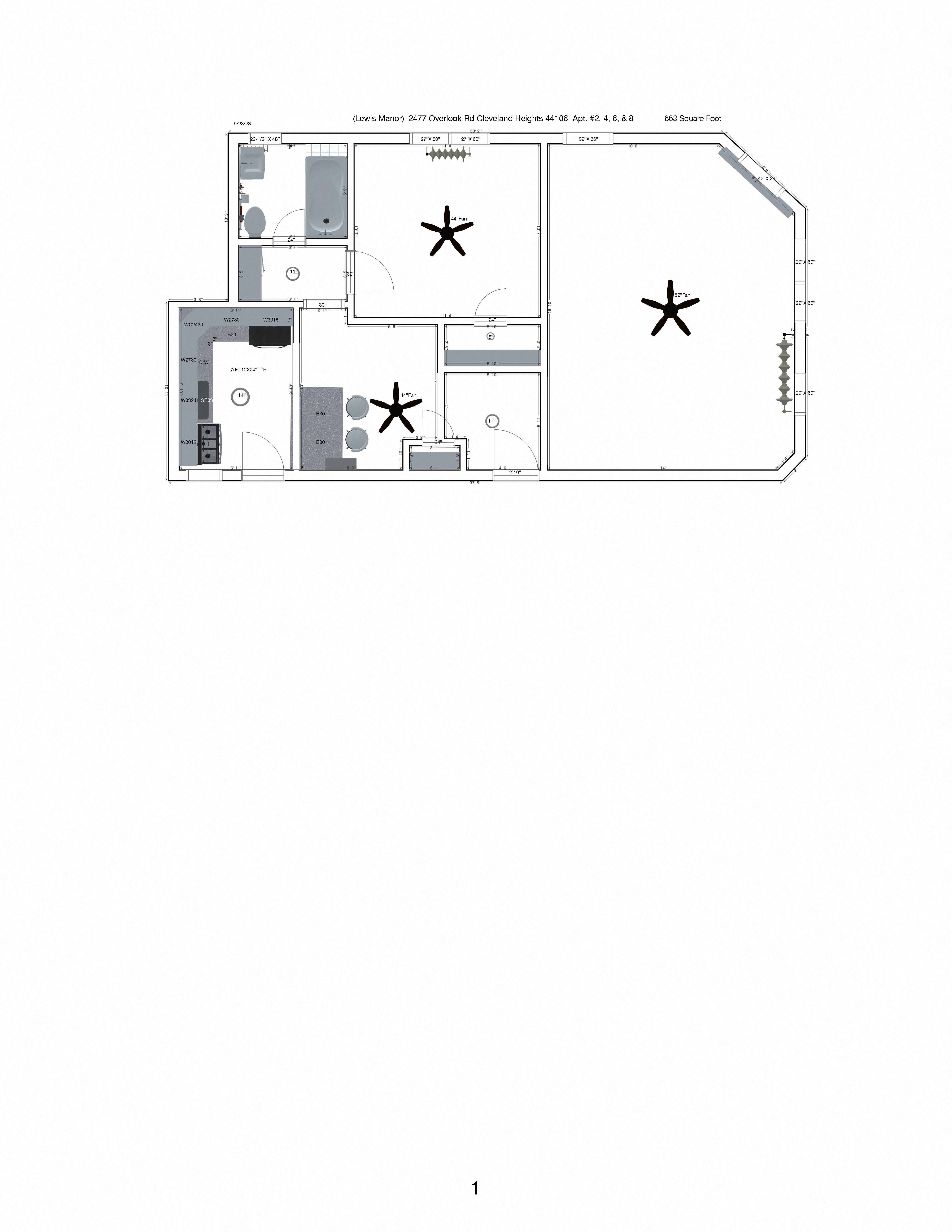 1 bedroom 1 Bath type M with a large living room that has a decorative fireplace.