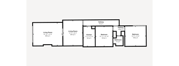 A floor plan of a house with two living rooms, two kitchens, two bathrooms, and four bedrooms.