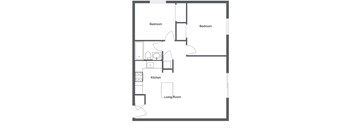 A floor plan of a small apartment with a kitchen, living room, and two bedrooms.