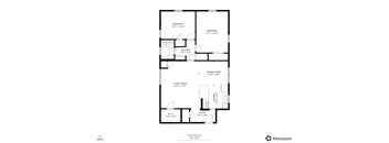 A floor plan of a house with two bedrooms, a living room, a kitchen, a dining room, and a foyer.